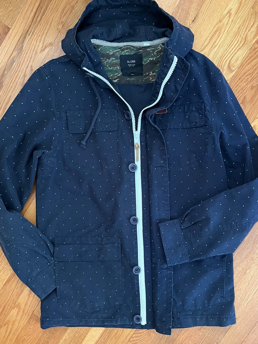Men's Utility Cargo Skater Streetwear Navy Blue Hooded Jacket {L) EUC - Picture 4 of 10
